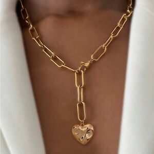Gold Textured Rhinestone Heart Chain Lariat Necklace